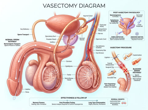 Detailed medical illustration showing the anatomy of the male reproductive system and the surgical process of a vasectomy procedure performed