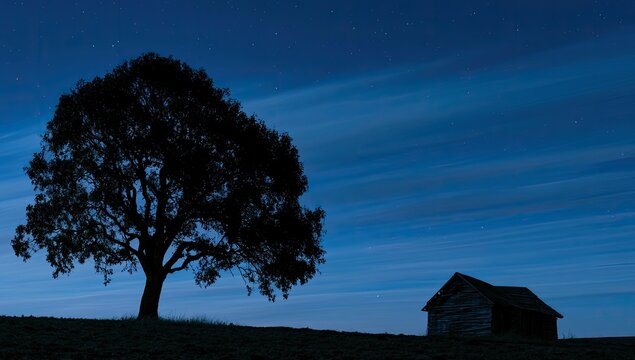 Silhouette of a large tree and weathered shed under a starry night sky