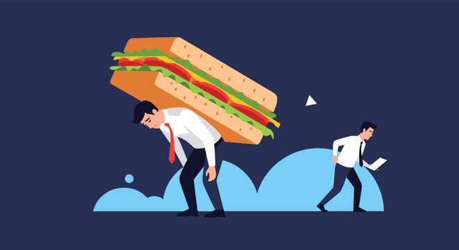 Tired businessman in a white shirt and tie struggling to carry a massive multi-layer sandwich on his back representing work-life burden.