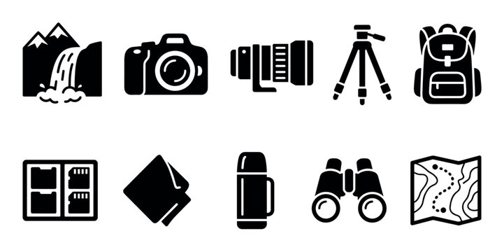 Essential outdoor adventure photography travel exploration equipment icons featuring camera, lens, tripod, backpack, map, and binoculars.