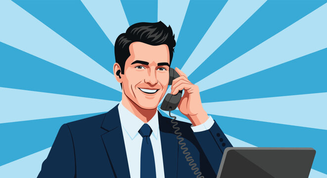 Smiling businessman in a suit talking on a classic corded telephone against a blue sunburst pattern background.