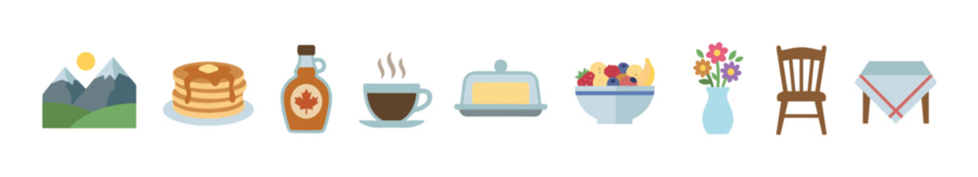 Collection of flat design breakfast icons featuring pancakes, maple syrup, steaming coffee, fresh fruit, and a serene mountain landscape.