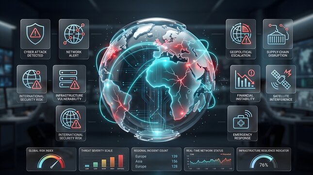 Global threat dashboard with cyber attack, geopolitical escalation and financial instability icons