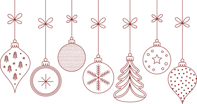Hanging Christmas baubles outline vector collection featuring line art ornaments with ribbons, snowflakes, trees, and polka dot patterns isolated on white background