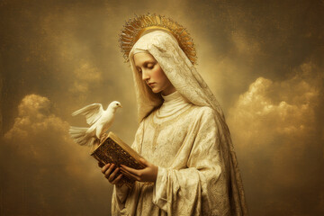 Fototapeta premium Sacred Woman with Dove and Holy Book – AI Generative