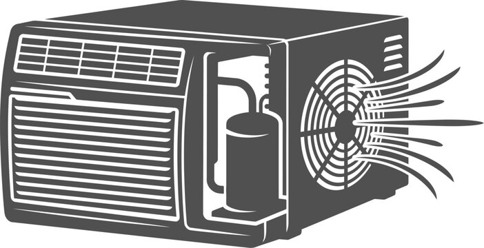 Window air conditioner unit blowing cold air from its side fan silhouette vector art illustration