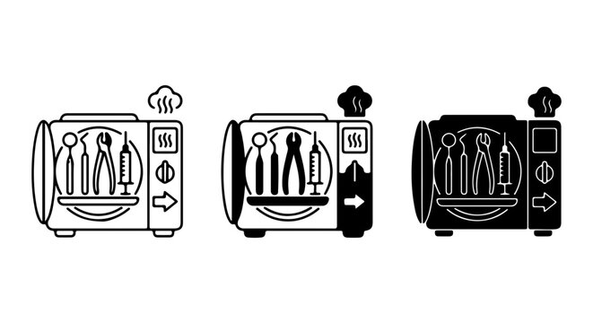 Dental Autoclave Sterilization Icons, Medical Equipment Cleaning Vector Set