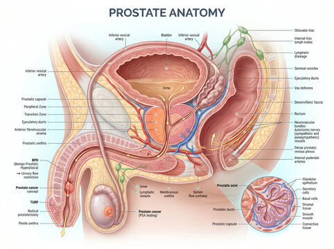 Detailed medical illustration showing the human male prostate anatomy with labels for bladder urethra and surrounding tissues for educational purposes