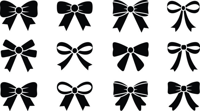 Black bow silhouette set with various ribbon shapes for gift decoration holiday celebration isolated on white background vector illustration