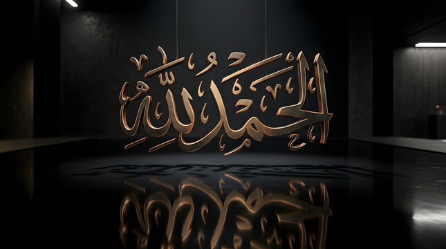 Arabic calligraphy of 'Alhamdulillah' with metallic finish. Elegant Islamic wall art for spiritual decor.