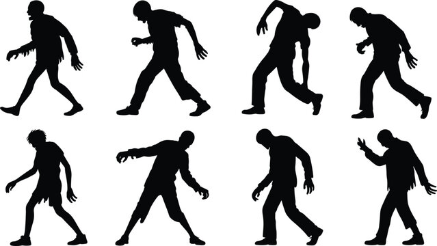 Black spooky zombie silhouette set walking and crawling in different scary poses isolated on white background vector illustration