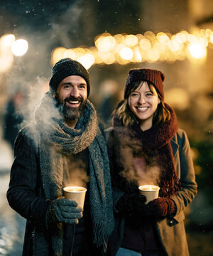 Young Couple Walking with Hot Coffee on Winter City Street &ndash; AI Generative, No Real Persons