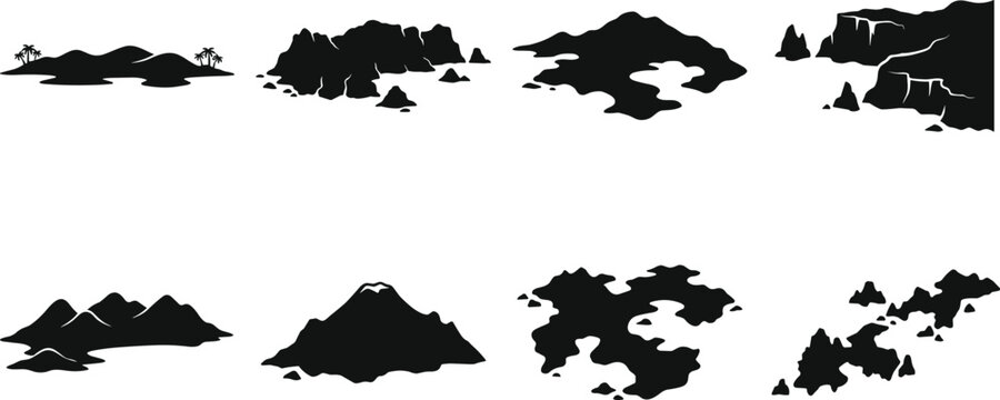 Set of black island silhouettes featuring tropical islands, mountains, rocky cliffs, and archipelago landscapes for travel design image_6da844.png