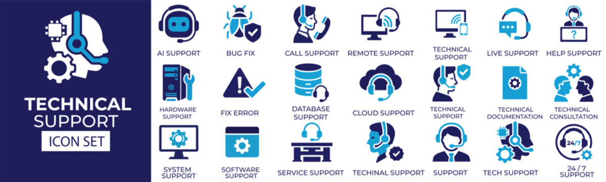 Technical support icon set featuring IT help desk, software support, hardware maintenance, cloud services, remote assistance and system troubleshooting