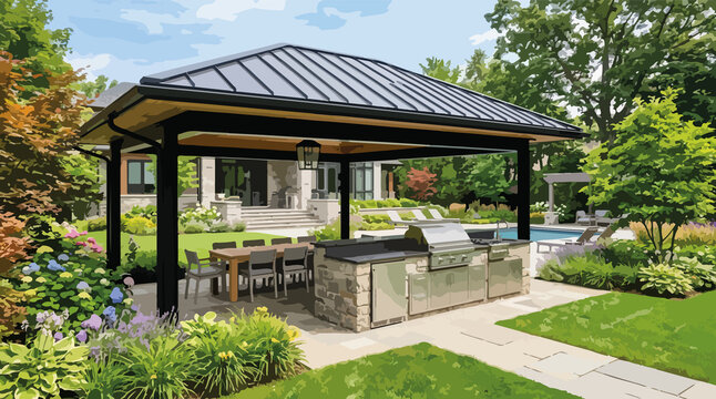 Custom outdoor kitchen pavilion with a dark metal roof in a landscaped backyard. Stone island with built-in stainless steel grill and dining area next to a swimming pool