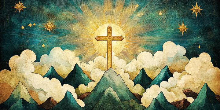 Cross in radiant light &ndash; Christian stained glass symbolizing faith, hope, and spirituality. AI generative.