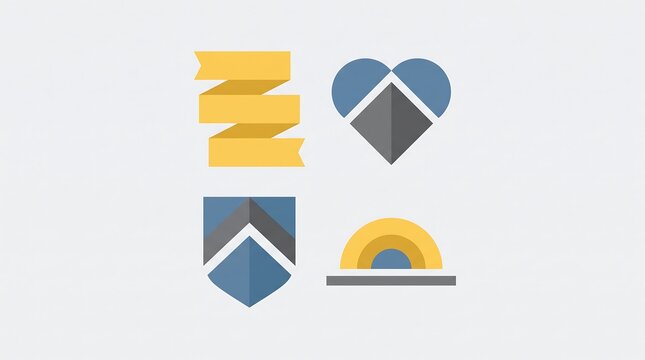 Set of four flat design icons featuring a ribbon heart shield and sunset shapes.