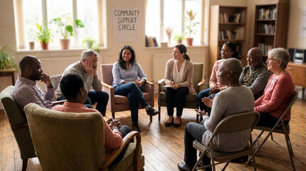 Obraz premium group therapy circle mental health support counseling community healing recovery showing compassionate guidance with diverse group therapy circle eight people detail shows a diverse group therapy