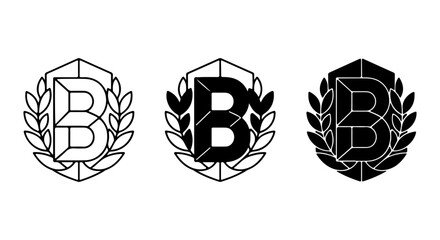 Monogram B Logo Set, Laurel Wreath Emblem, Geometric Shield Badge, Minimalist Black and White Icons © mariyam