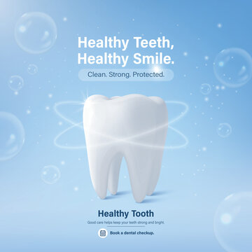 3d Healthy Teeth Poster, Vector Illustration. Tooth Dental Care Banner with Blue Bubbles. Oral Hygiene, Dentist Clinic Promotion, Healthy Smile Ad, Checkup Reminder, Medical Awareness Design