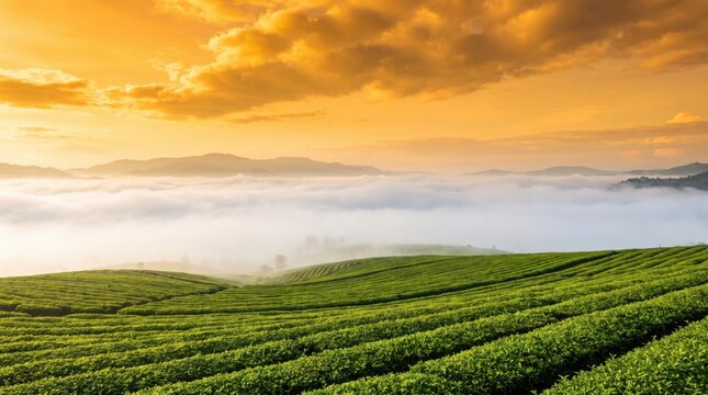 Natural Indian Tricolor Landscape with Saffron Sunrise and Green Tea Field