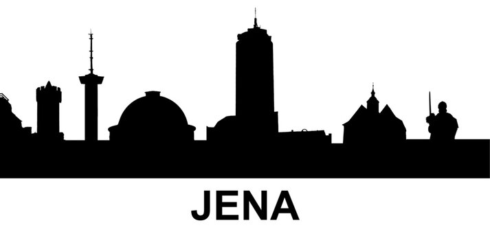 Jena Skyline Silhouette with Urban Landmarks &ndash; East Germany Thuringia Cityscape Vector Illustration with Text