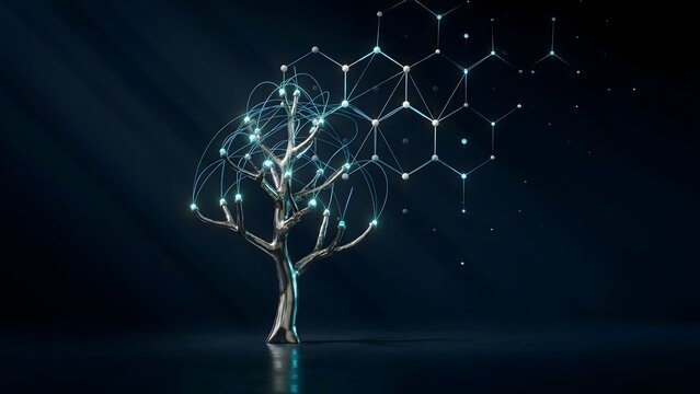 Metallic tree branching into network topology &ndash; Perfect for cybersecurity, cloud infrastructure, or corporate networks.