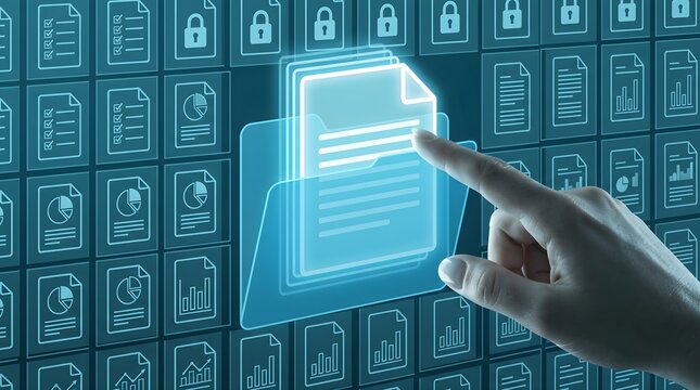 Document Management System DMS in Business. Digital File Archive Storage Technology. Businessman Touching File Icon on Many Folders