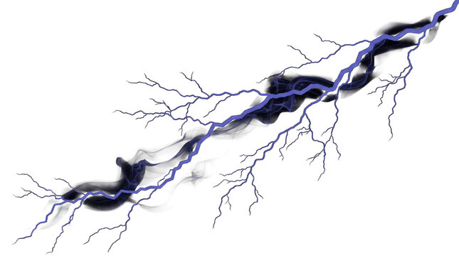 Electric purple lightning bolt with dark smoke trail, powerful thunderbolt strike on white background, atmospheric weather phenomenon
