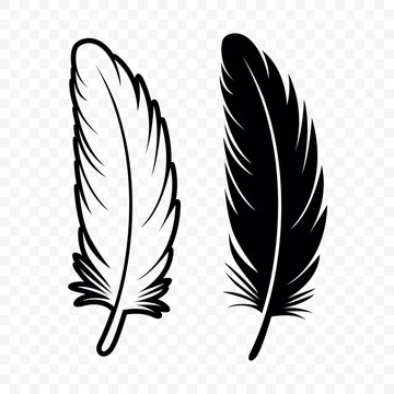 Vector Black and White Silhouette Fluffy Feather Icon. Silhouette Feather Closeup, Isolated. Flamingo, Angel, Bird Feather Design Template. Lightness and Freedom Concept