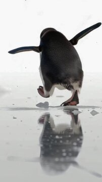 Funny penguin slipping, sliding, and flapping its wings to keep its balance on a wet ice surface