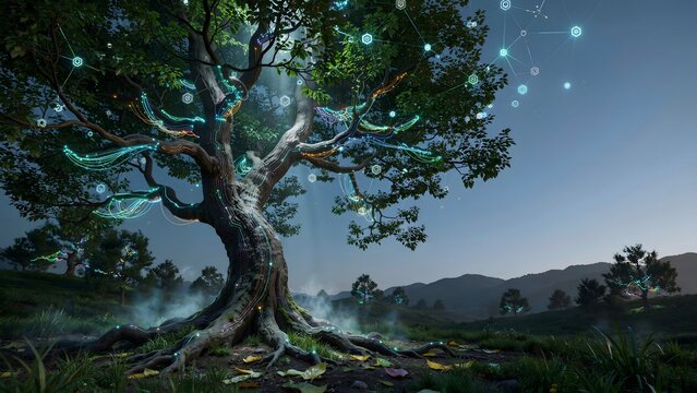 Ancient tree with glowing data branches &ndash; Suitable for carbon tracking, environmental science, or eco-tech systems.