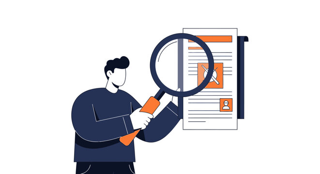 Business Analysis and Document Inspection Illustration with Man and Magnifying Glass for HR Recruitment and Data Verification