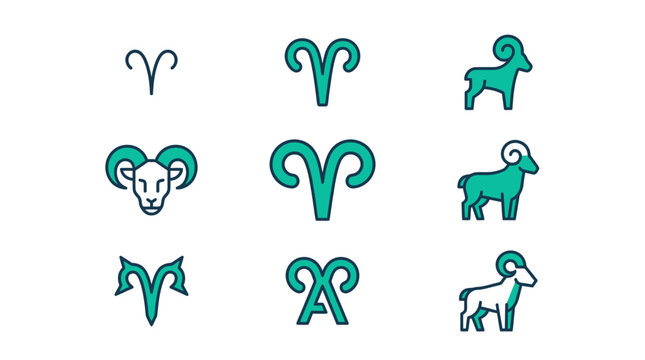 Aries zodiac symbol and ram icon collection simple graphics