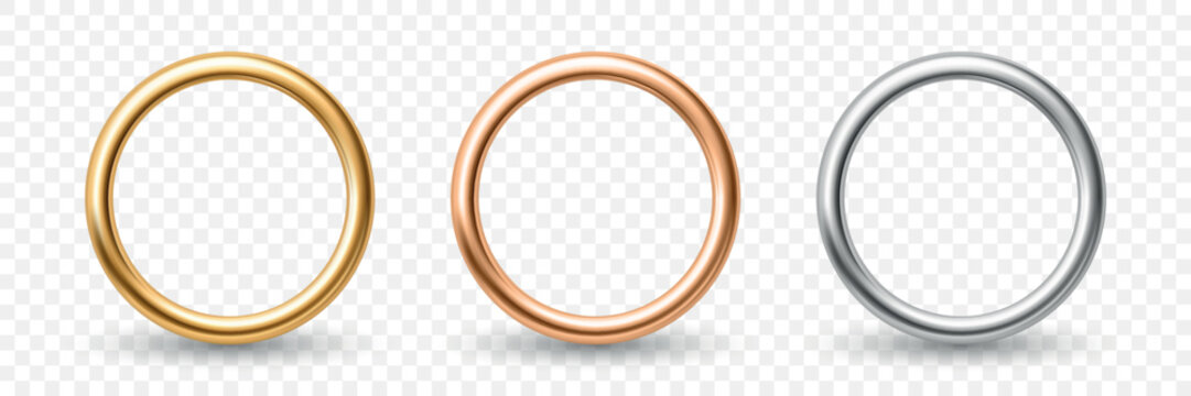 Vector 3d Metal Ring Set. Golden, Bronze, Silver Ring Frames Isolated. Metallic Circle Borders. Round Frame Elements