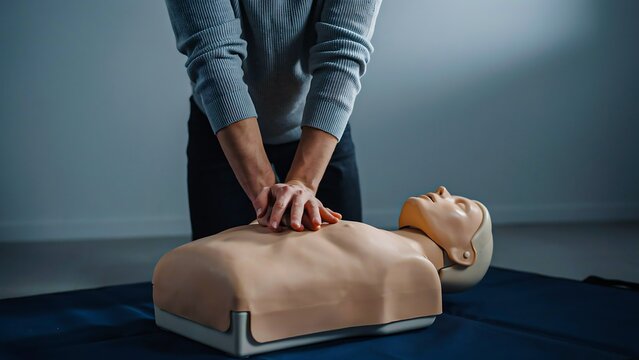 Person performing cardiopulmonary resuscitation on cpr training mannequin during first aid practice