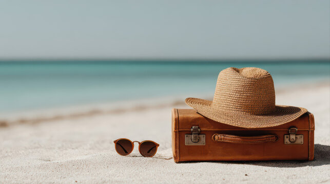 A straw hat and sunglasses rest on a suitcase atop soft sand, facing a turquoise ocean. Perfect minimal summer vacation vibe with warm sunlight and a calm tropical mood.