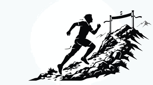man running up mountain to finish line silhouette