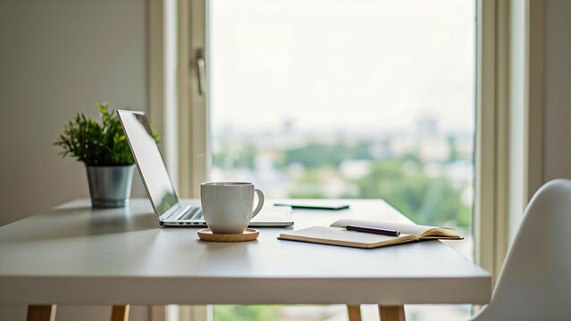 Modern home office workspace with laptop coffee cup and notebook near window