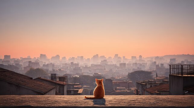 A solitary cat sits atop a rooftop, gazing over a sprawling city skyline bathed in a warm sunset glow. The soft coral and lavender hues create a cinematic, tranquil scene.