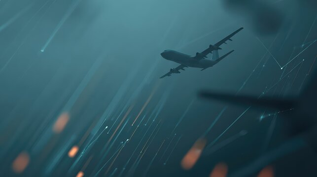 A large airplane is surrounded by floating holographic flight data and digital network lines. This ultrarealistic AI aviation monitoring concept emphasizes futuristic diagnostics.