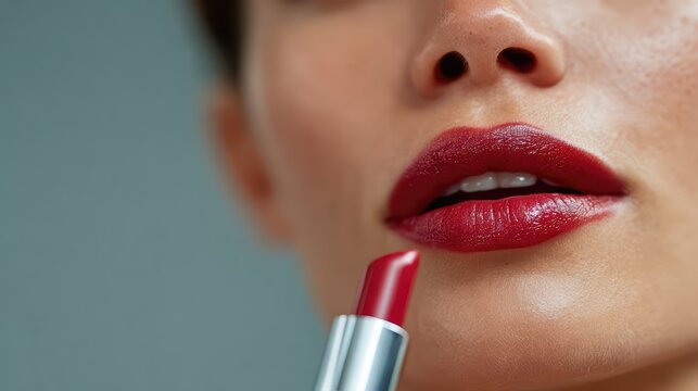 Ultra realistic close-up of a woman's lips painted with deep red lipstick. Dramatic lighting highlights rich lip texture for a stunning beauty and makeup detail.