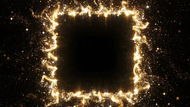 Glowing sparks form a square frame on a dark background with scattered particles.