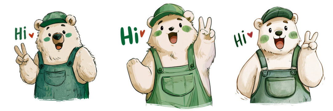 Set of A cute polar bear cartoon character standing with a friendly smile  on transparent background. Ai generated