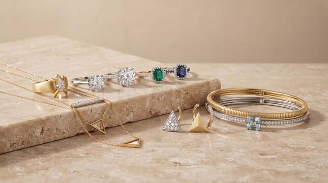 Luxury modern jewelry collection featuring sculptural gold and platinum rings, minimalist layered necklaces, geometric earrings and sleek bangles accented with brilliant-cut diamonds and colorful gems