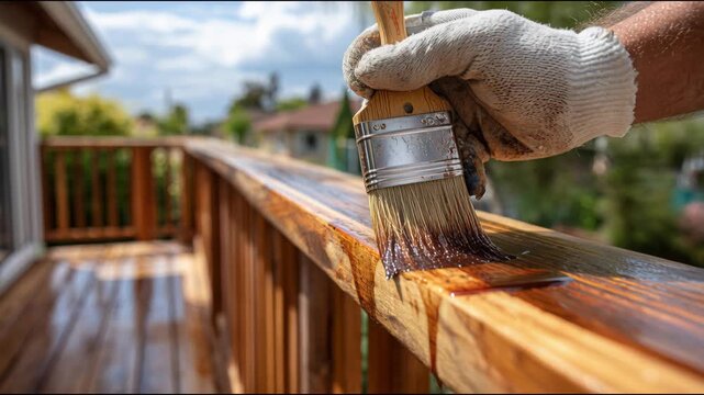 Professional painter applying fresh stain to a wooden deck railing during a home renovation project