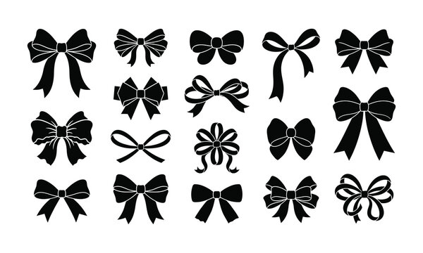 Collection of black gift bow silhouettes isolated on white backgrounds.