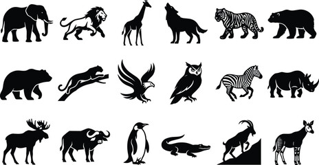 Set of black silhouette icons featuring various wild animals, safari creatures, and nature wildlife for design projects. © Md