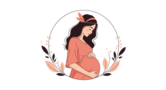 Beautiful pregnant woman profile illustration in a circular floral frame representing motherhood and prenatal care.