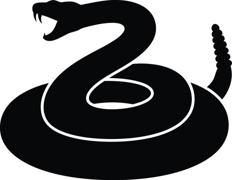 Black silhouette of a dangerous rattlesnake with its mouth open and fangs ready to strike in a coiled aggressive posture showing a rattle at the end of its tail
